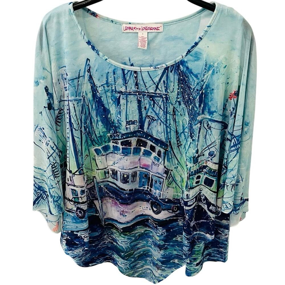 Leoma Lovegrove Large Blue Boat Print Shirt Florida Coastal Nautical Art Top